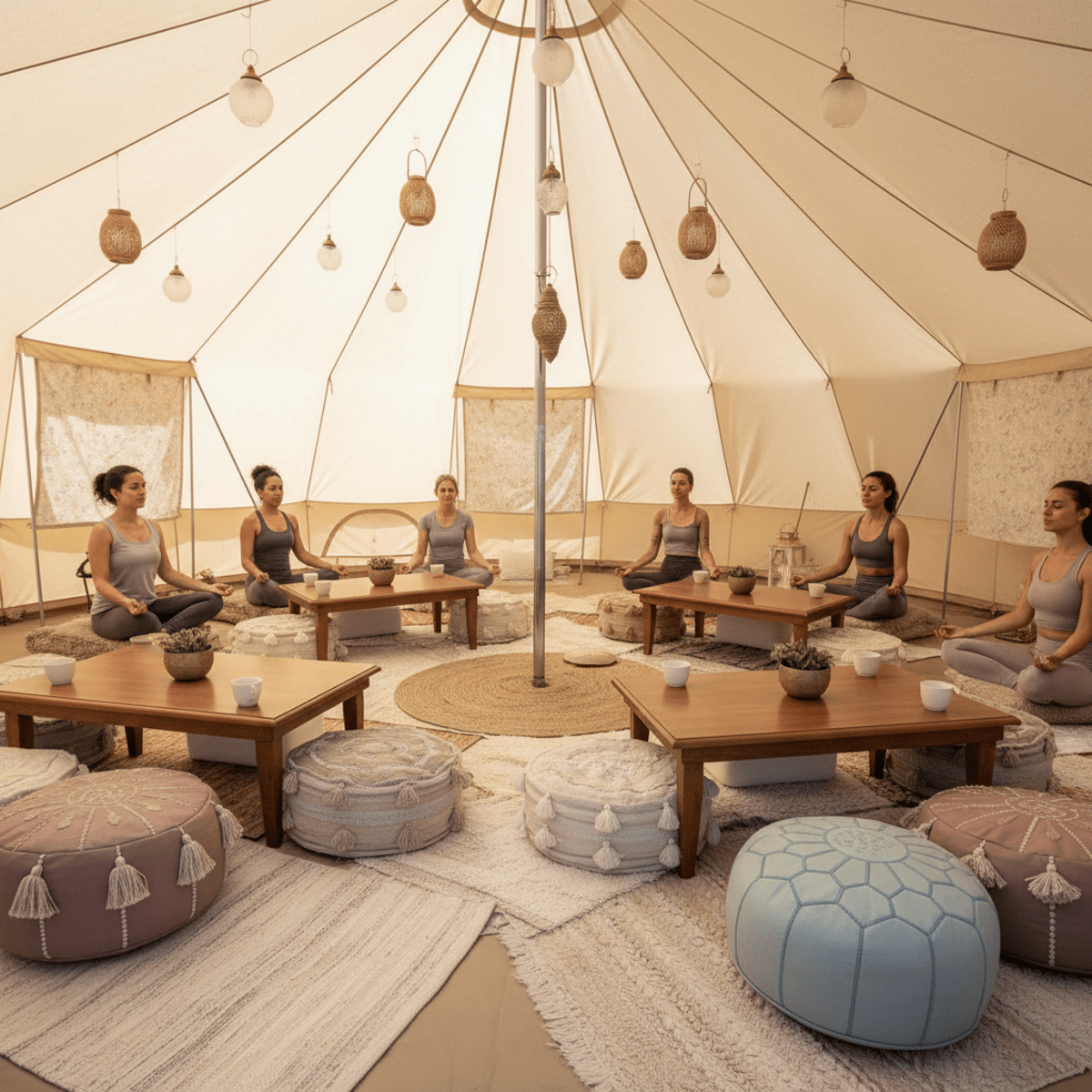 Spacious poly-cotton bell tent interior with rugs, cushions, and lanterns for yoga.