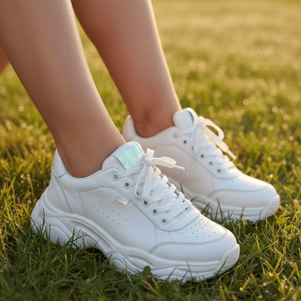 Feet with mint green metallic shimmer pedicure in white sneakers on grass.