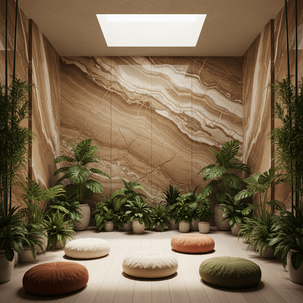 Elegant marble wall panels in warm earthy tones in a serene meditation room.