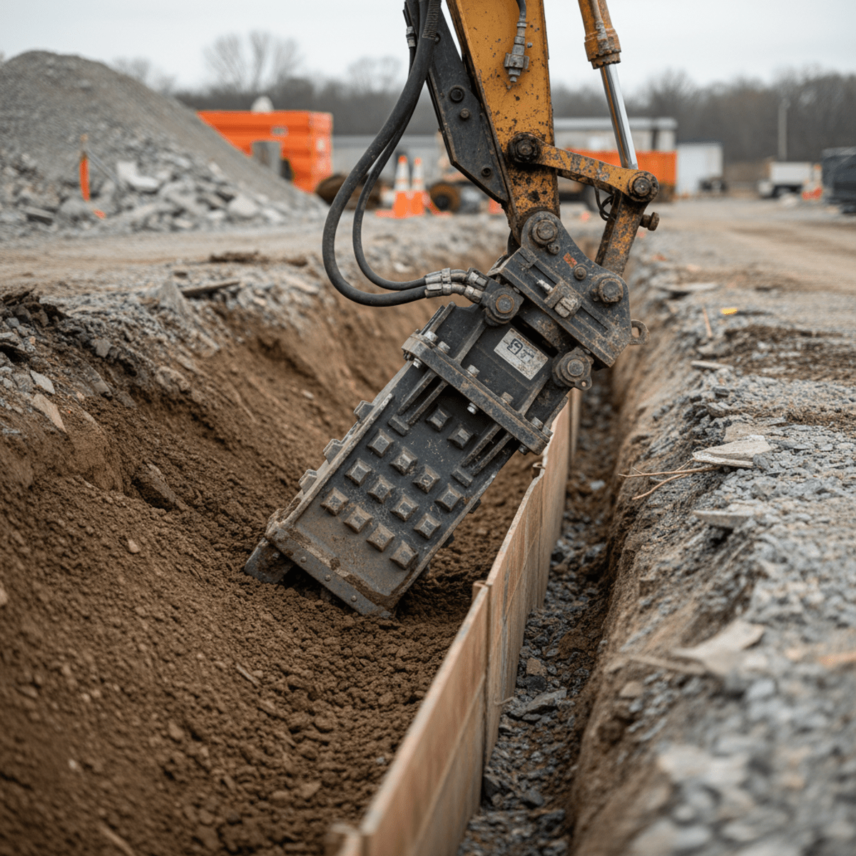 Modular soil compactor plate on excavator arm pressing into embankment soil near trench.
