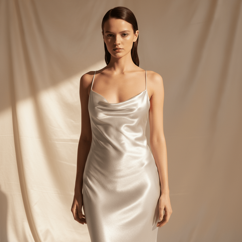 Model in a silver slip dress with mercury texture in a minimalist studio.