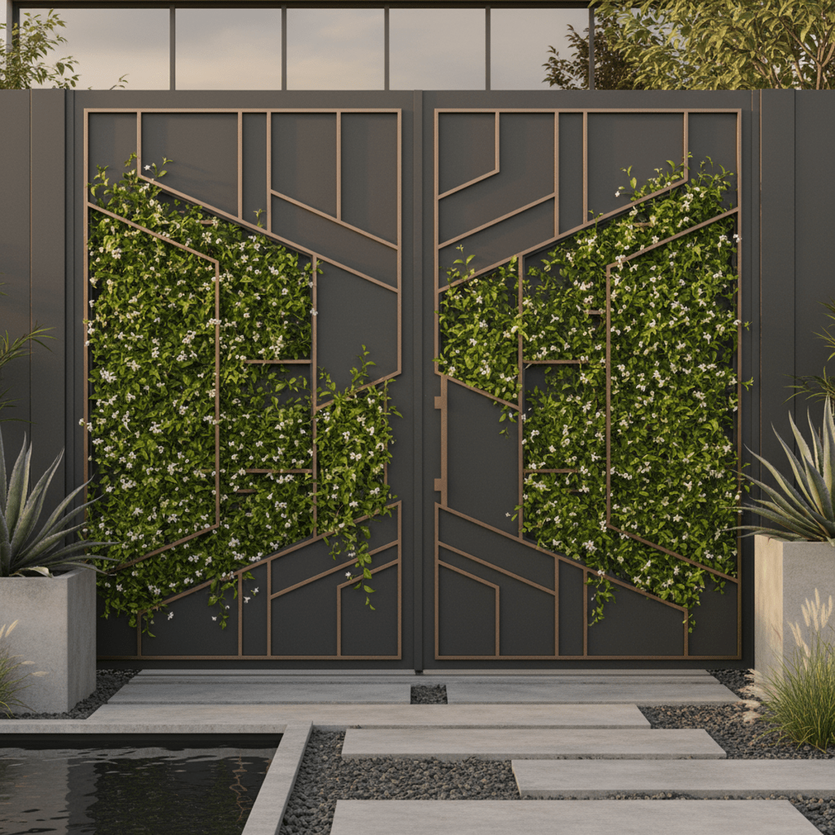 Contemporary gate with vertical garden trellis, matte charcoal steel, and bronze accents.