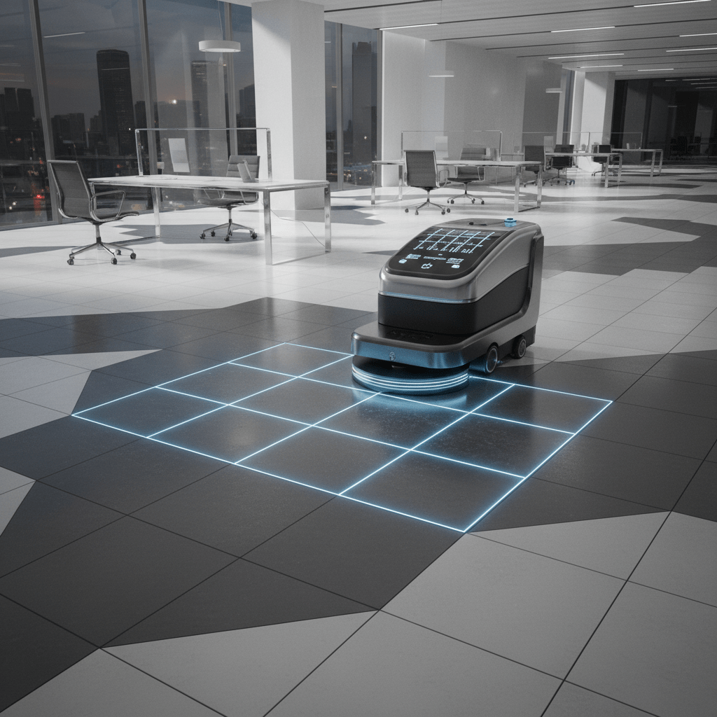 Sleek, matte black tile scrubber glides under modern office furniture.