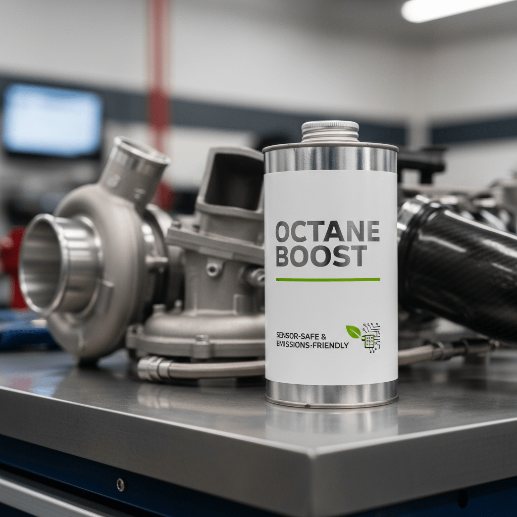 Sleek fuel additive container on a workshop bench with engine parts.