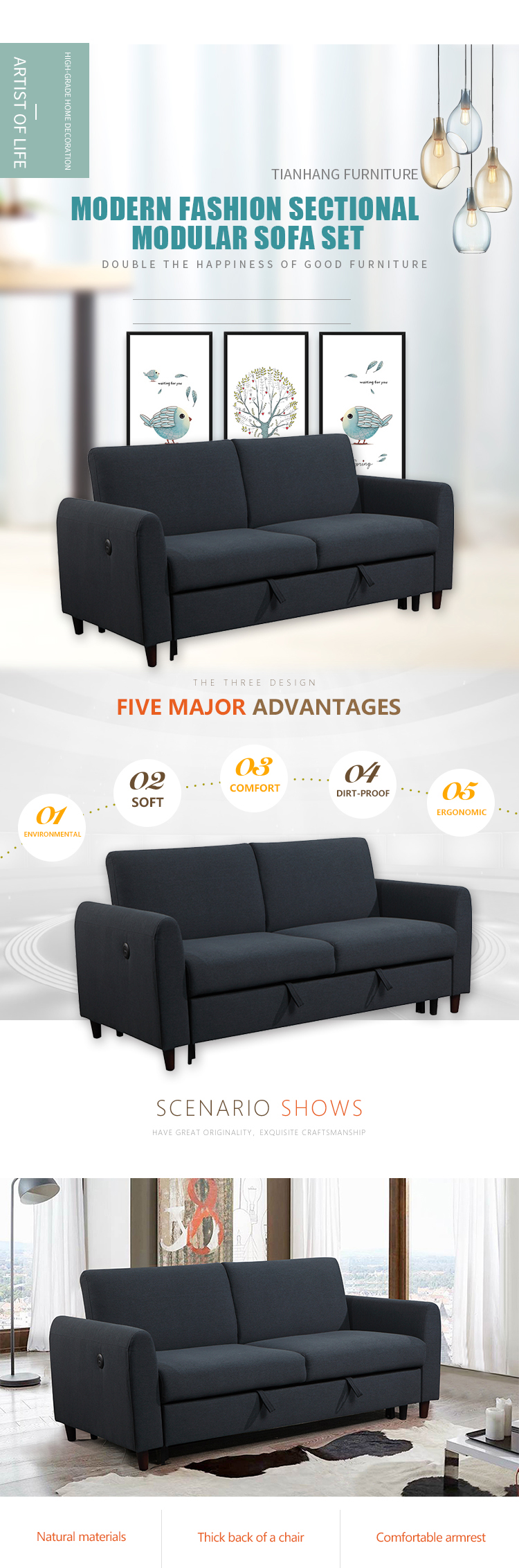 Comfortable Folding Living Room Sofa Bed Room Furniture Modern Solid Wooden Frame Livingroom Home Furniture American Style