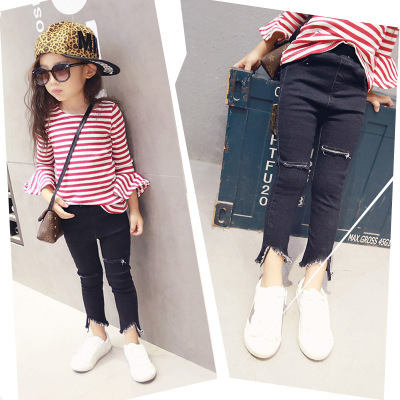 Джинсы для девочек, Новинка весна-осень 2020, корейские детские узкие эластичные длинные брюки с дырками в Корейском стиле