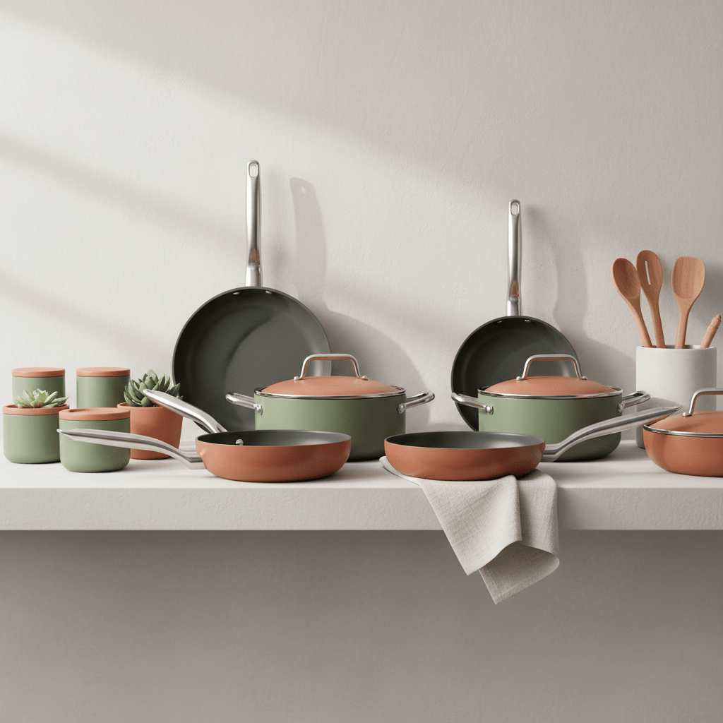 Sleek modern non-stick cookware in matte sage green, terracotta, and off-white on a shelf.