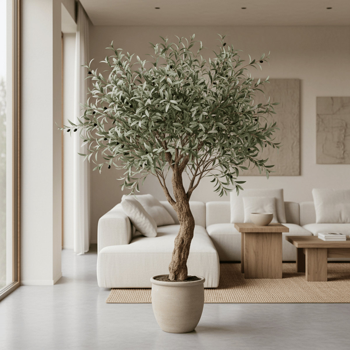 Hyper-realistic faux Mediterranean olive tree with polymer leaves and textured bark.