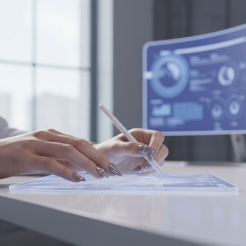 Minimalist nails with lavender chrome accents and crystals on a futuristic desk.