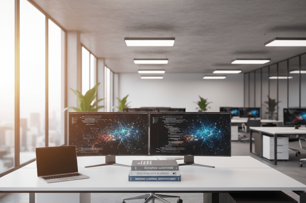 Wide-angle view of a contemporary workspace highlighting AI coding tools and resources under natural light