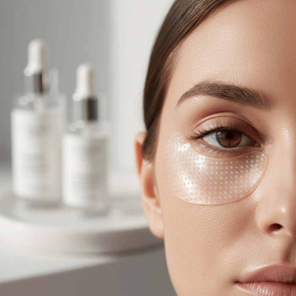 Close-up of microneedle under-eye patch gently pressed against youthful, hydrated skin.