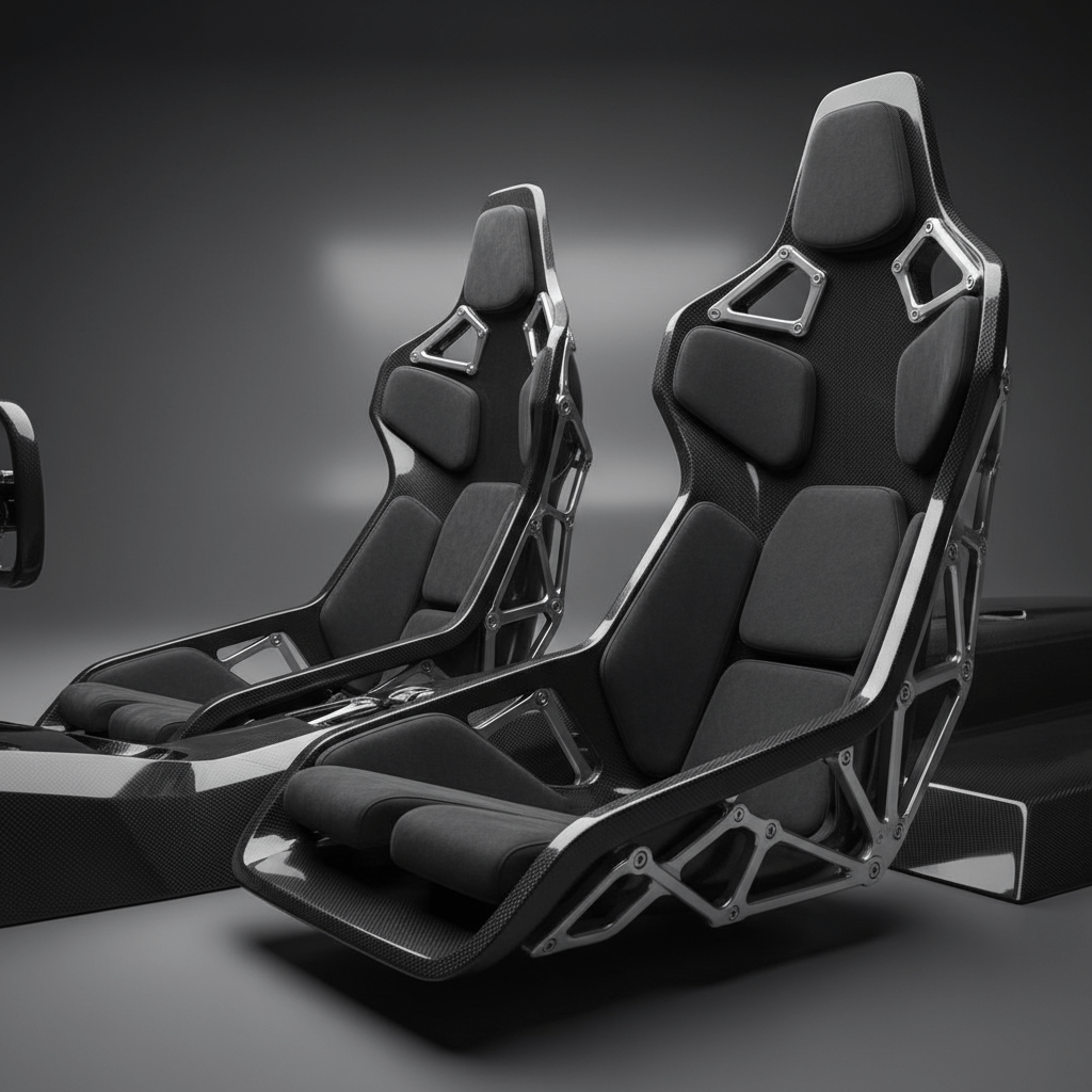 Futuristic carbon bucket seats with mechanical exoskeleton in a motorsport cockpit.