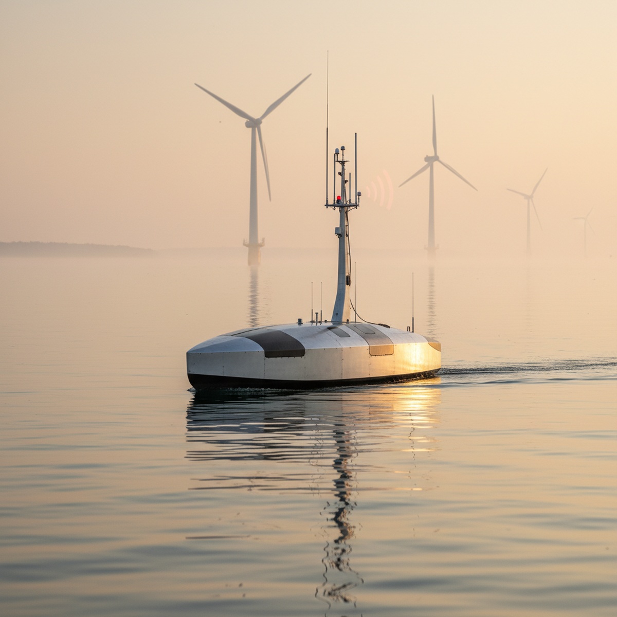 Sleek autonomous drone on calm offshore waters at dawn with wind turbines.