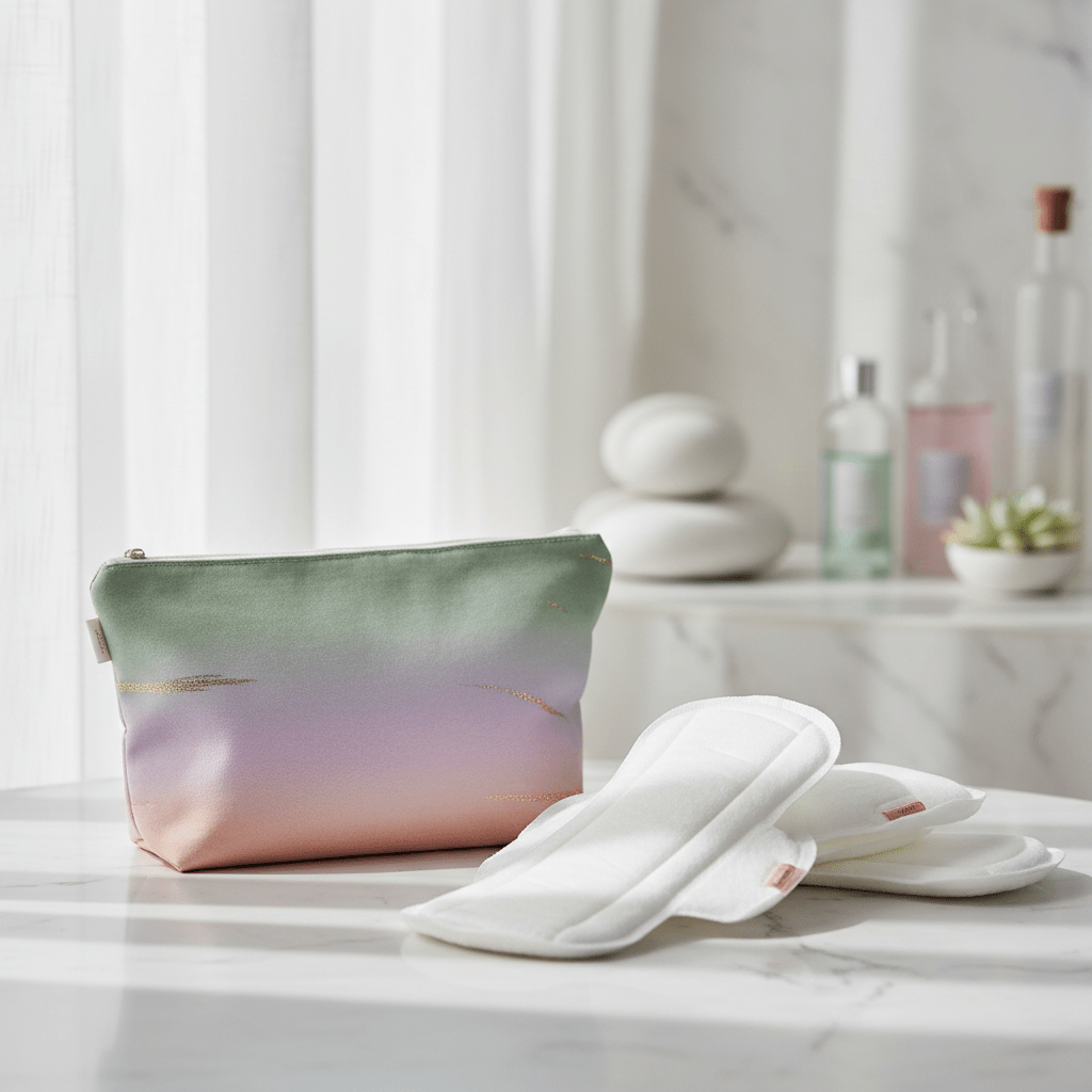 Maternity pads and reusable pouch on marble in a serene spa setting.