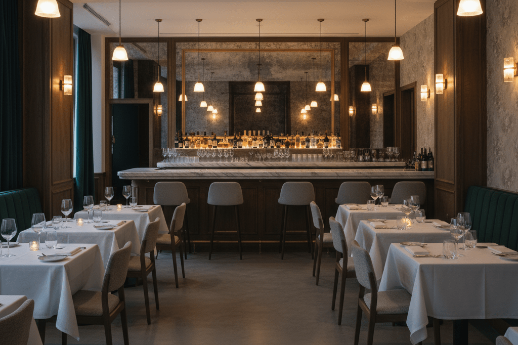 Contemporary restaurant dining space with softly glowing lights, elegant table settings, and a well-stocked bar, evoking luxury and professionalism