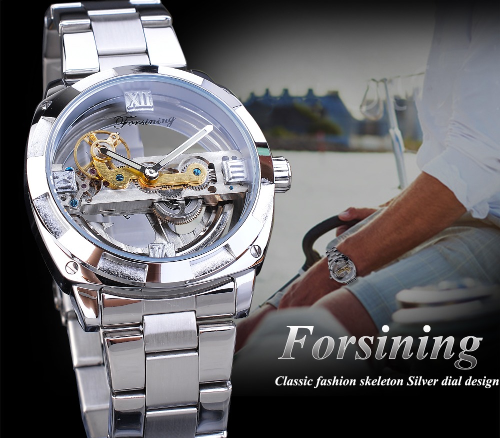 FORSINING Orologio da polso automatico da uomo con doppio lato, con cassa trasparente, colore: argento, Cinturino