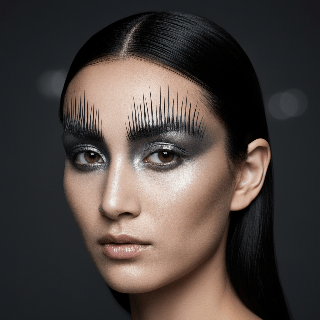 Avant-garde model with sharp, metallic makeup and slicked-back hair.