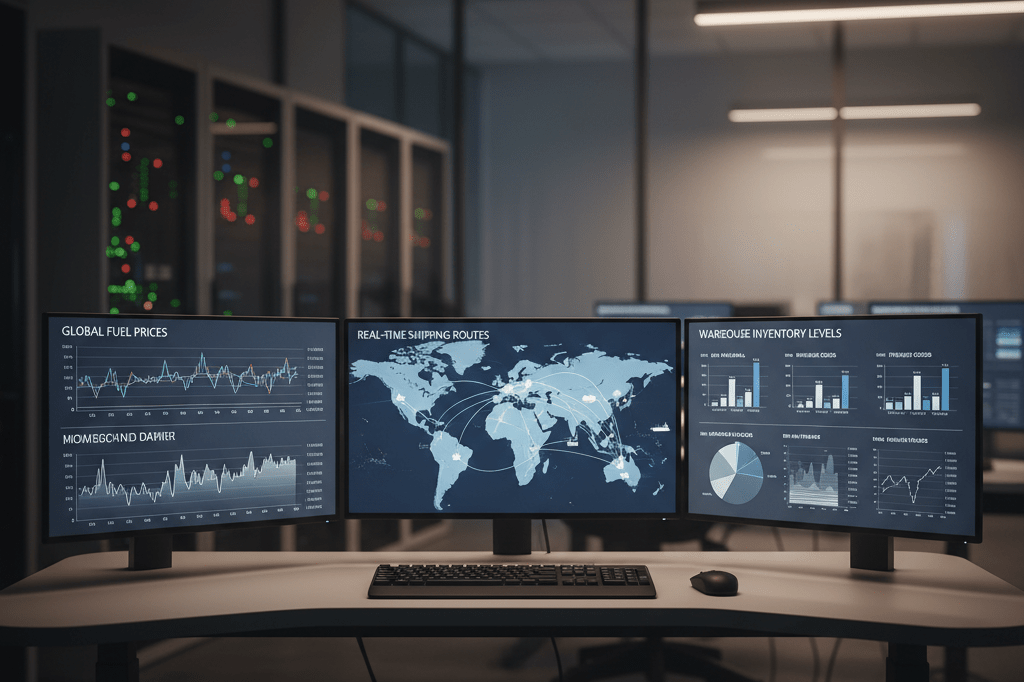Desk with monitors showing fuel price graphs and logistics data under ambient lighting, symbolizing modern supply chain solutions