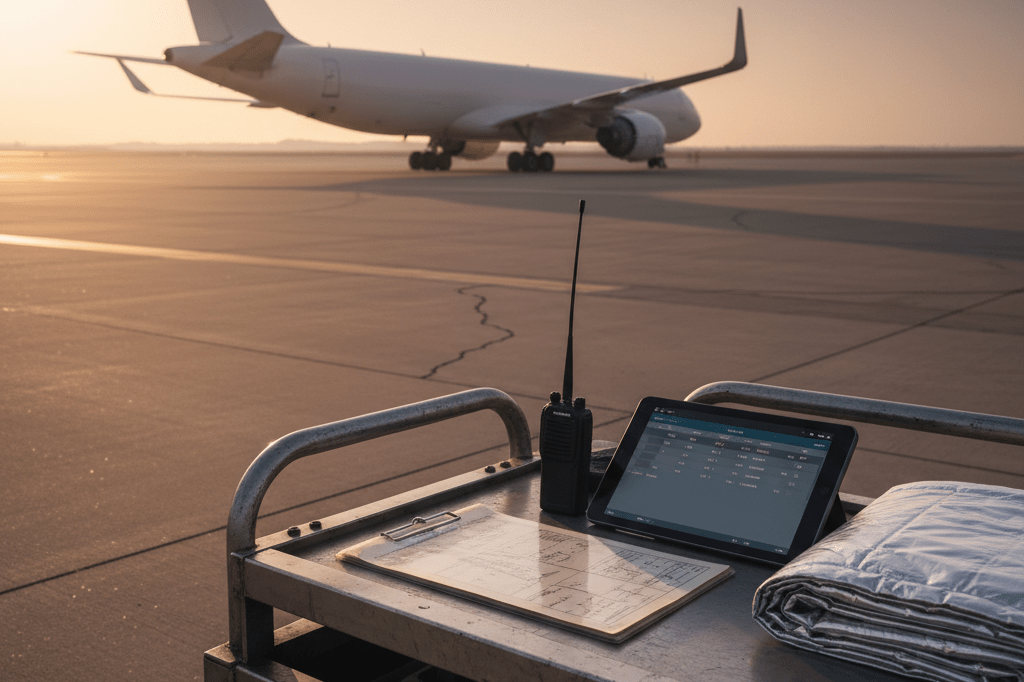 Medium shot of radio, checklist, tablet, and thermal blanket on airport service cart at sunset, no people or branding visible