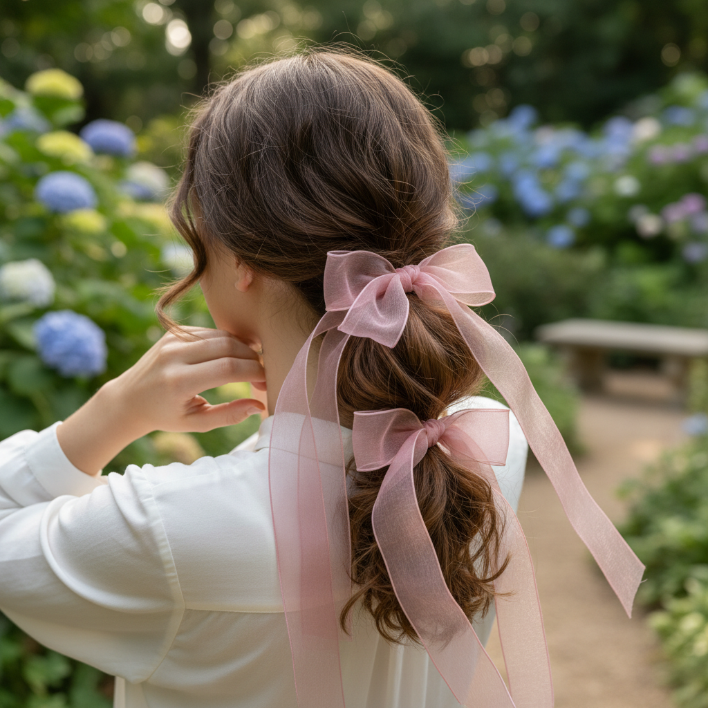 Young woman styles hair with dusty rose organza ribbons in a romantic garden.