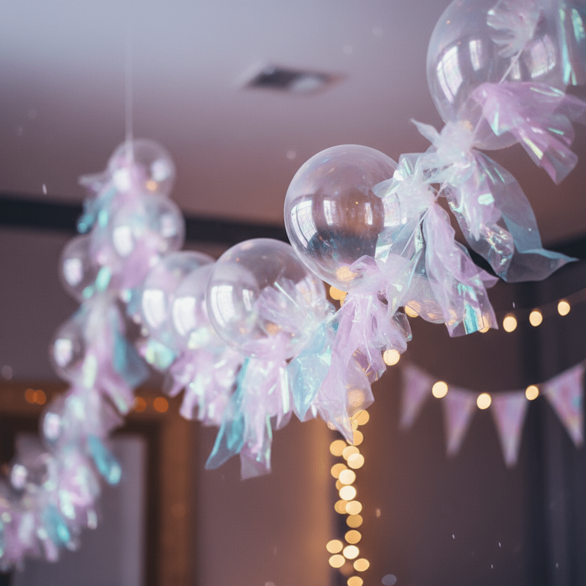 Sheer organza and vinyl balloons create a shimmering rainbow garland floating indoors.
