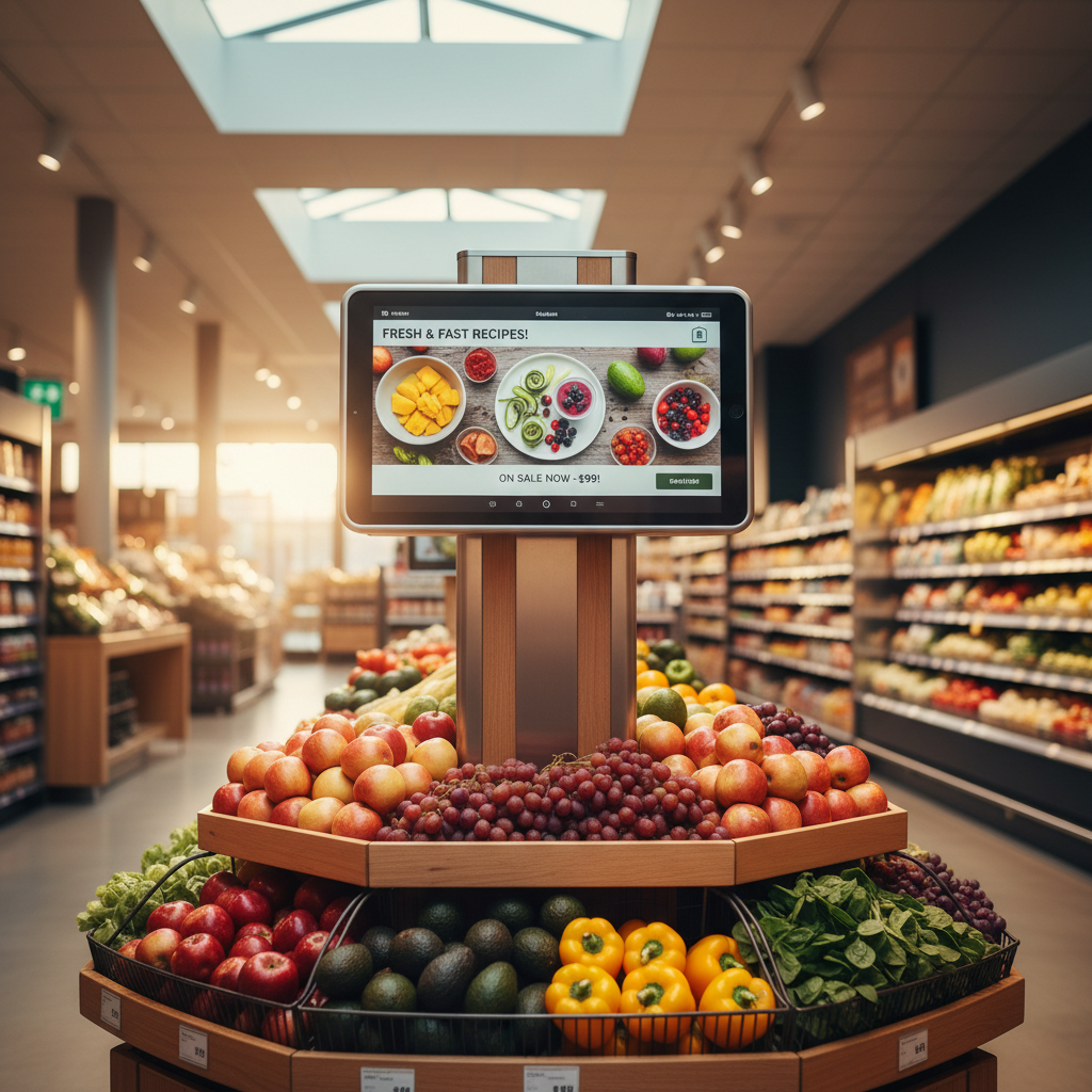 Modern grocery store kiosk displays fresh produce recipes on a large tablet.