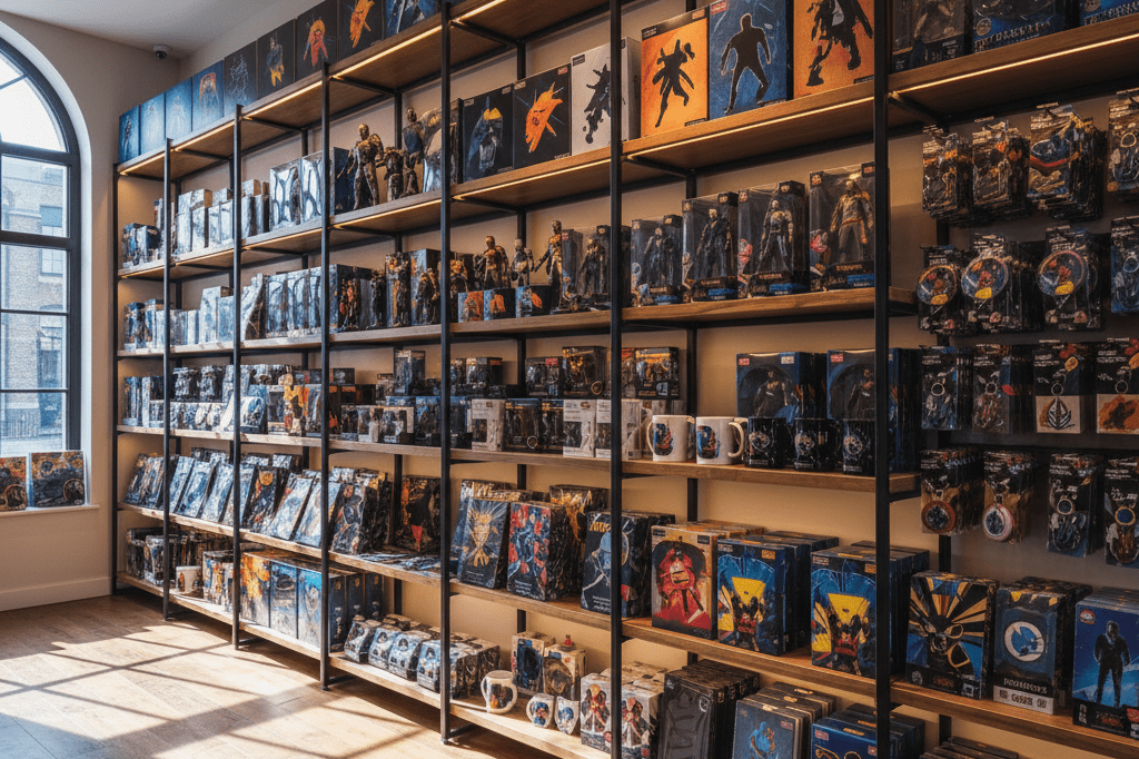 Wide shot of retail shelves featuring abstract movie-themed products arranged neatly, lit by natural and ambient light.