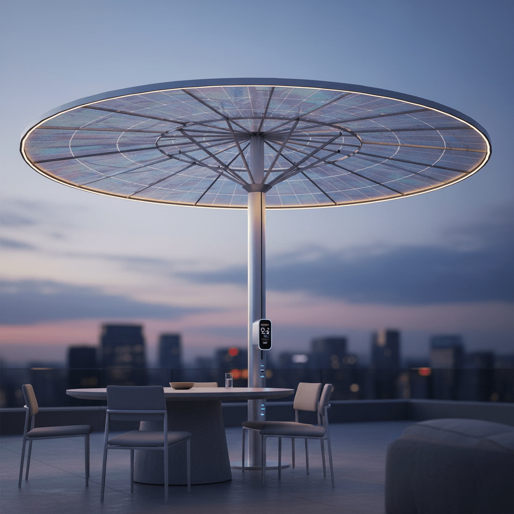 Futuristic solar umbrella with a wide canopy and integrated controls on a modern terrace.