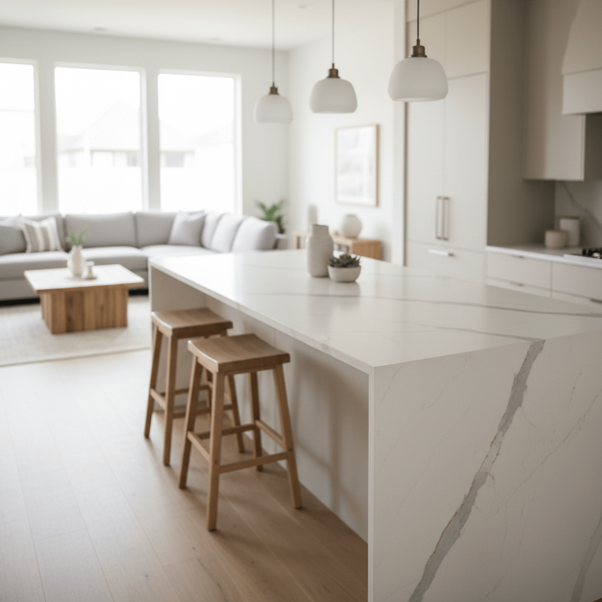 Open-concept kitchen with matte laminate countertops mimicking Calacatta marble.