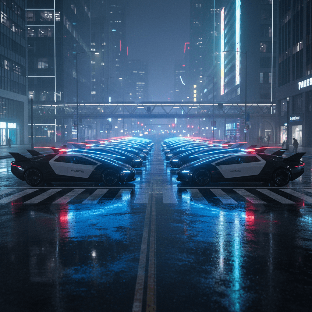 Futuristic police cars at a night intersection with synchronized flashing LED lights.