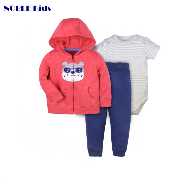 Оптовая продажа, зимние теплые комплекты из 3 предметов, детская одежда, 100% хлопок, комбинезон для новорожденных, пальто на молнии с принтом для девочек