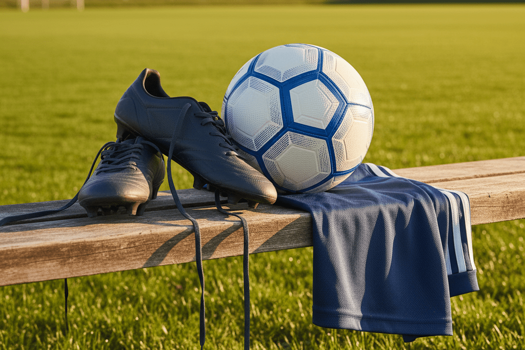 Medium shot of high-end youth soccer cleats, training ball, and technical jersey arranged on a sunlit wooden bench outdoors