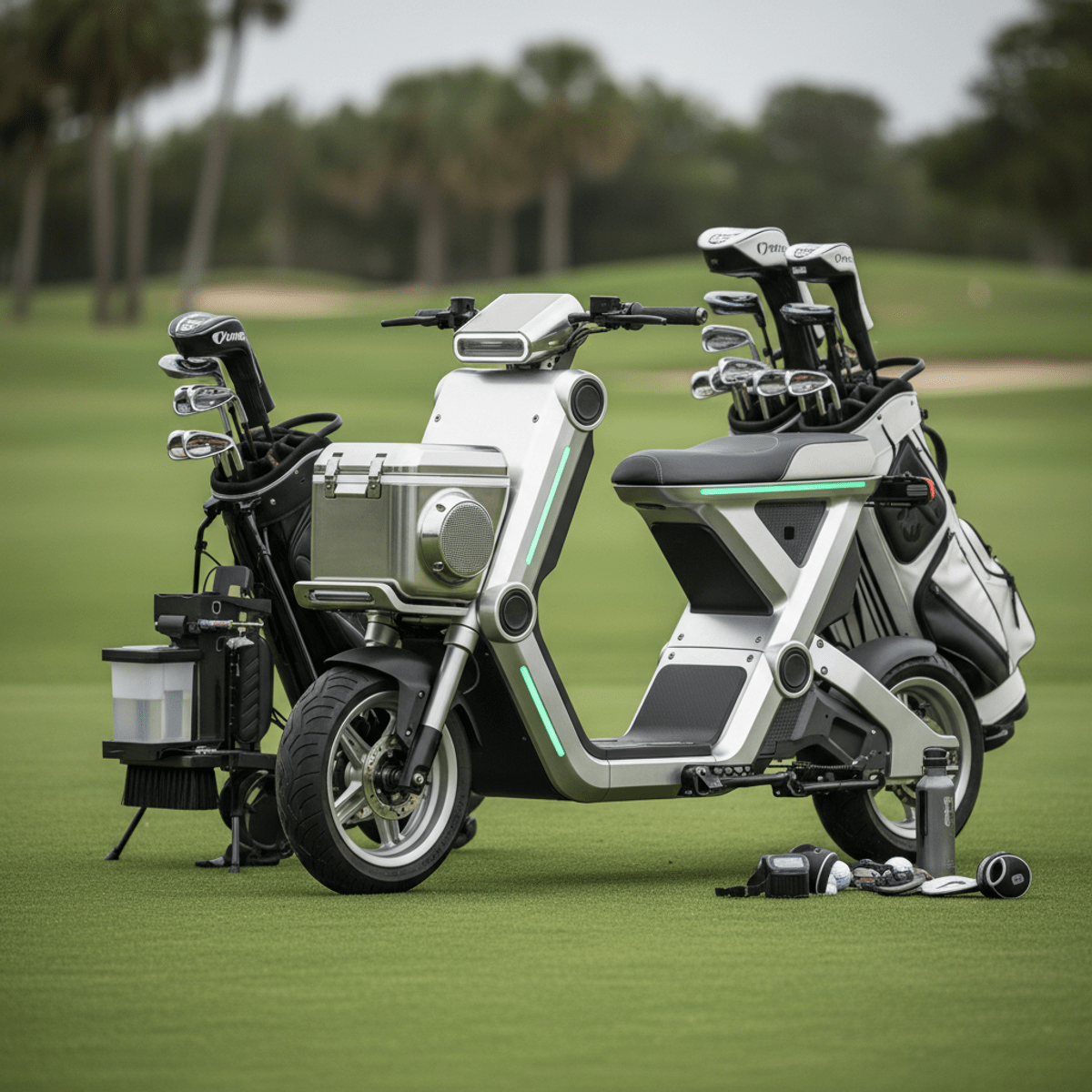 Sleek modular electric golf scooter with premium cooler and club cleaner on a course.