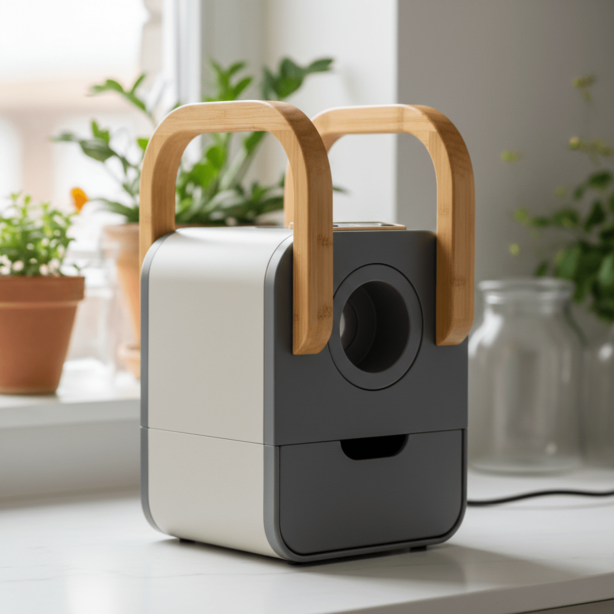 Eco-conscious electric can crusher with recycled plastic, bamboo accents on a kitchen counter.