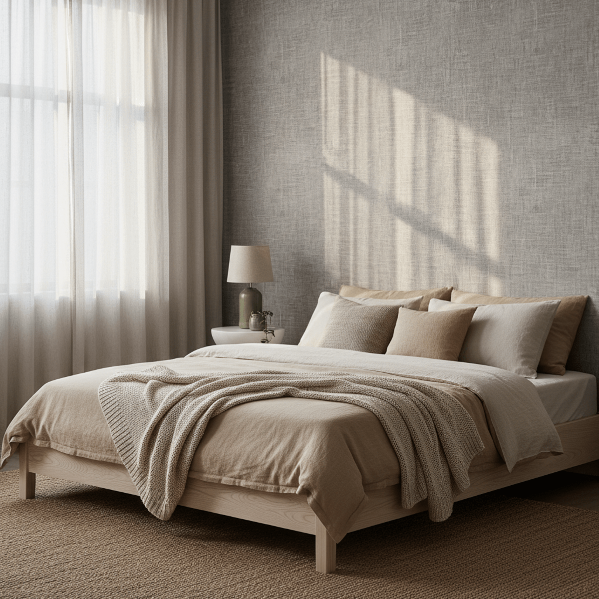 Textured neutral bedroom with minimalist Scandinavian style Sophisticated bedroom with raw silk and grasscloth wallpaper and light wood furniture.