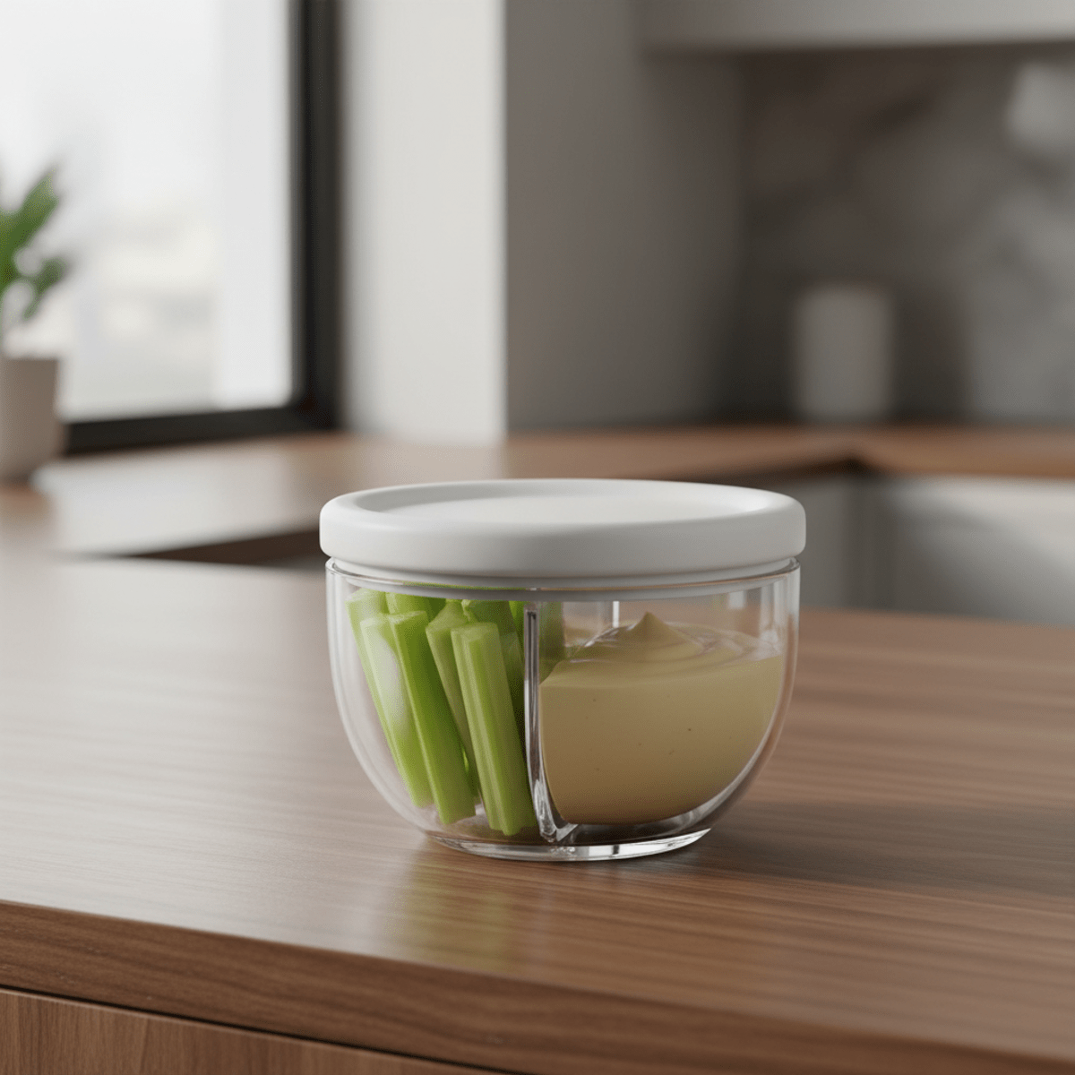Modern dual-chamber snack cup with celery sticks and hummus on a counter.