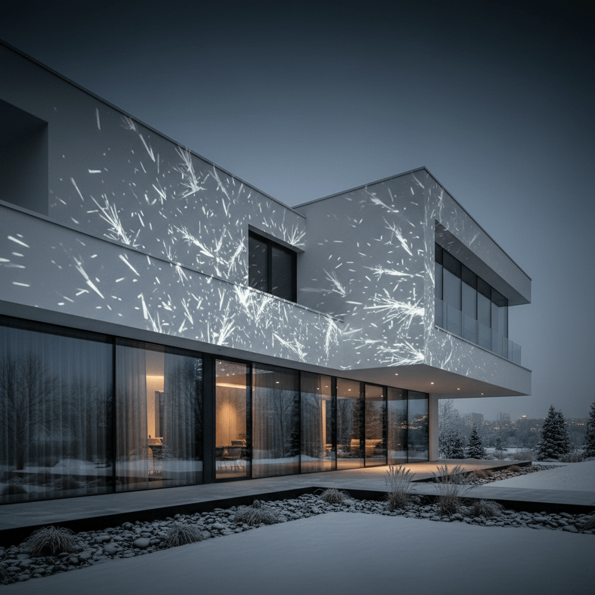 Contemporary home exterior illuminated by cool platinum Christmas light projections.