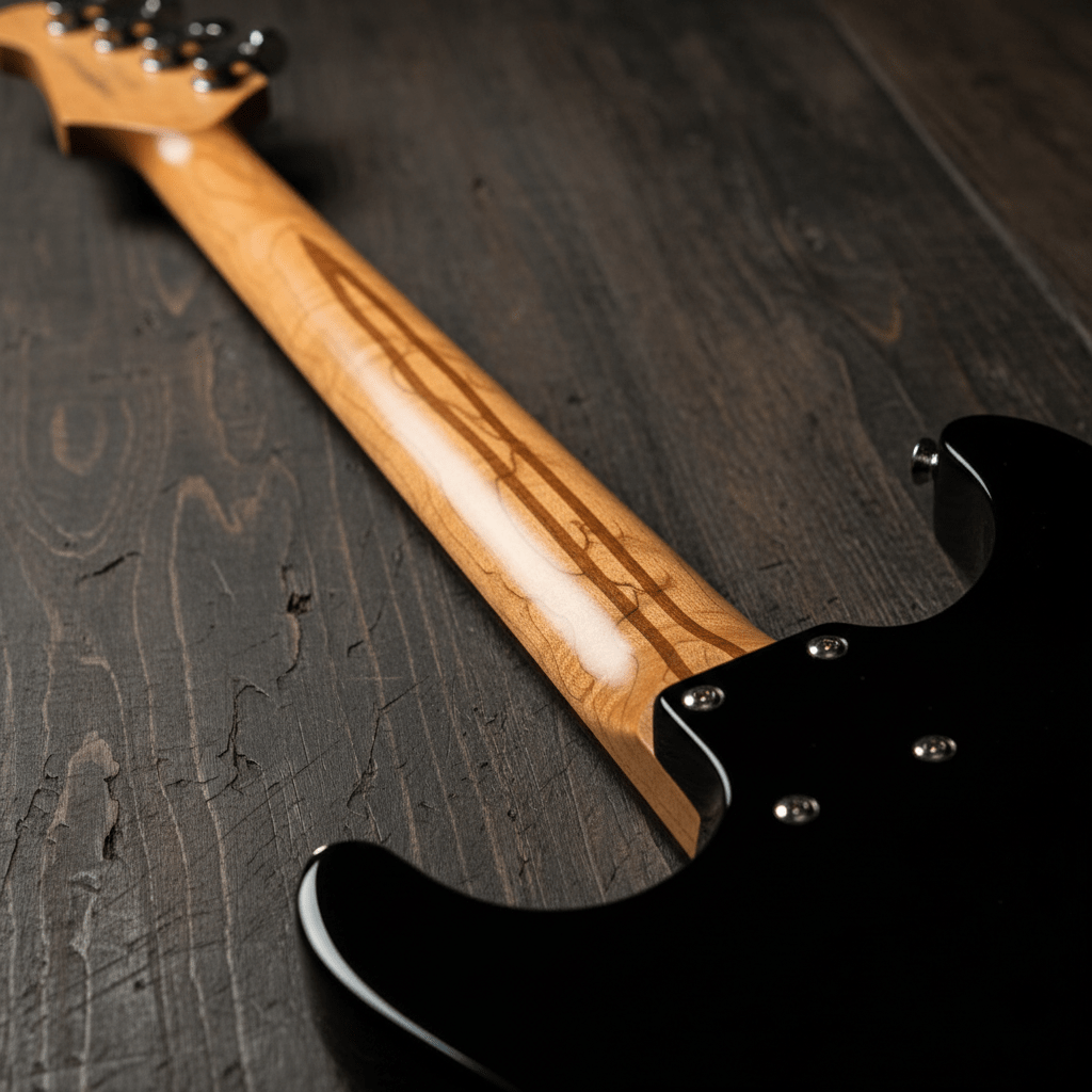 Baritone guitar with roasted maple neck and black gloss body, studio lighting.