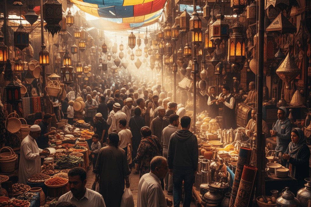 Bustling marketplace filled with vibrant stalls, shoppers, and festive decor under natural light, reflecting seasonal retail opportunities