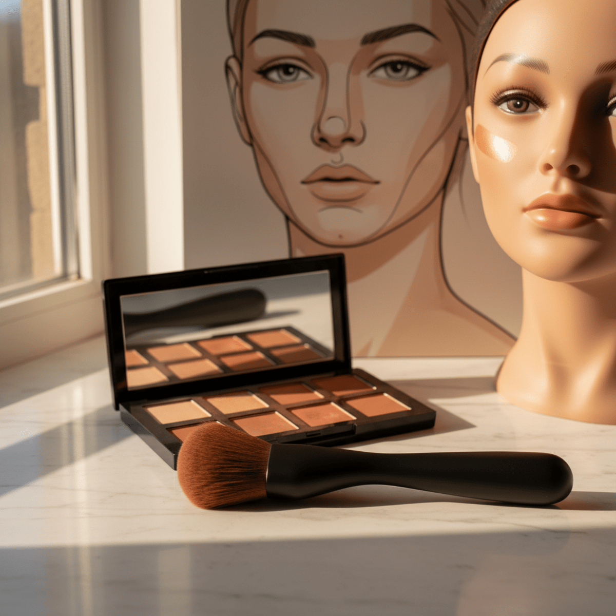 Bronzer brush and makeup palette on a vanity table with warm sunlight.