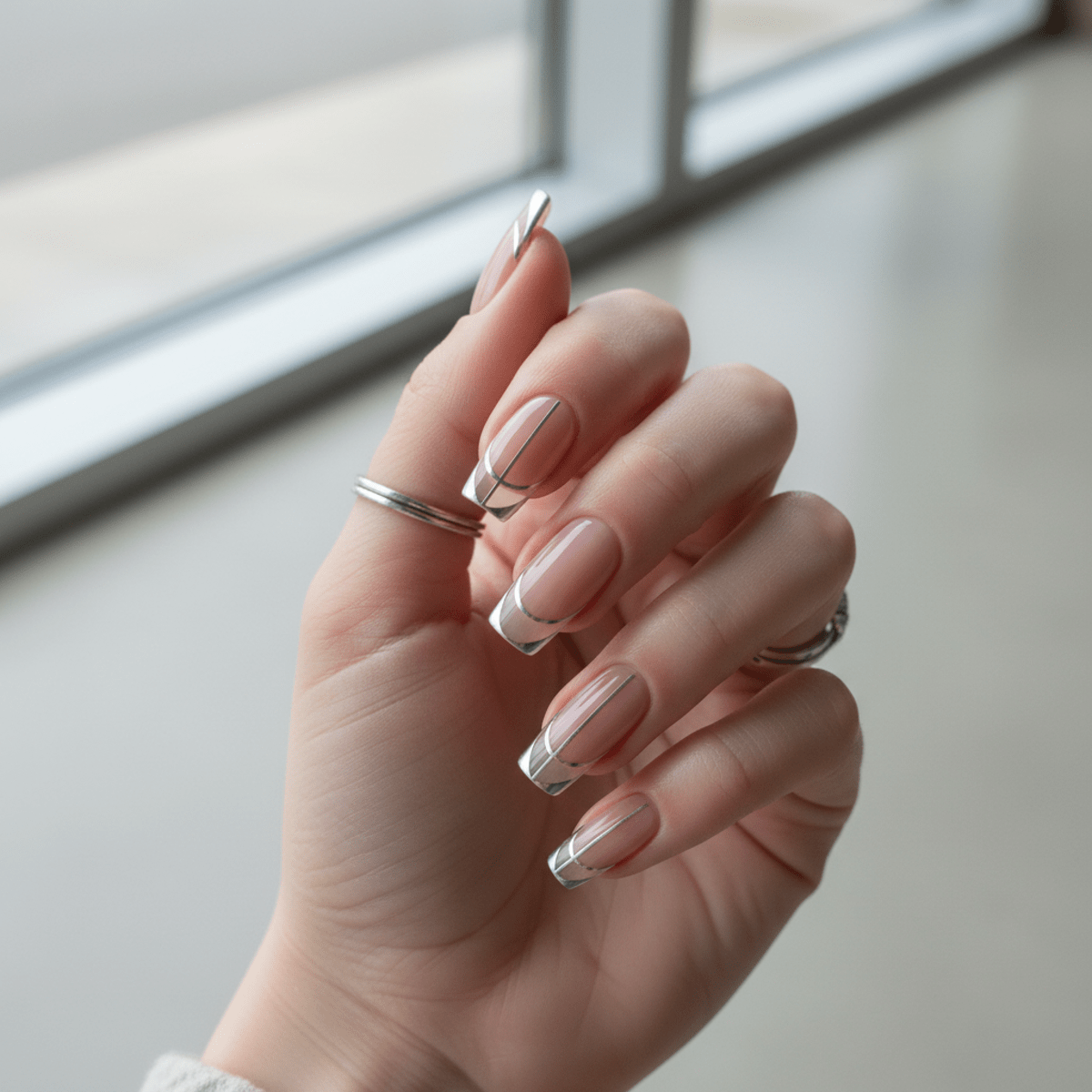 Futuristic French nail art with floating lines and silver accents on polished nails.