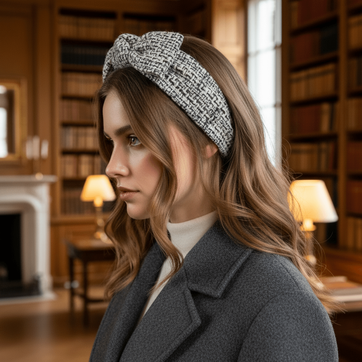 Close-up of a cream and charcoal tweed bow headband on model in library.
