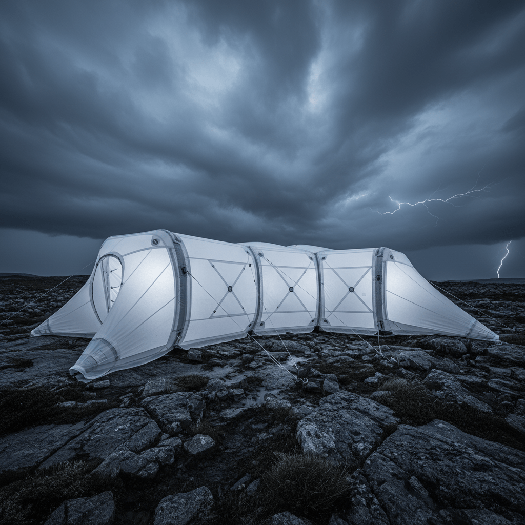 Wind-resistant inflatable emergency shelter made of dyneema fabric in a stormy landscape.