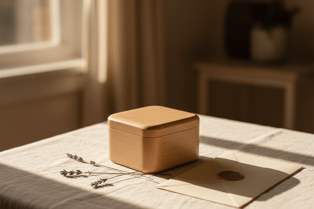 Elegant closed ring box with dried lavender sprigs and cream envelope on soft ivory linen in natural light