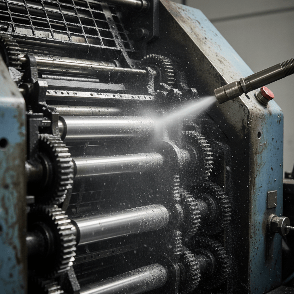 Dry ice blasting equipment meticulously cleans a large printing press, revealing spotless silver gears.