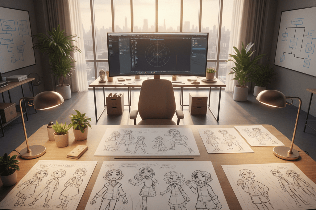 Storyboards and sketches on a desk under natural light, representing creative strategies for teen-targeted programming