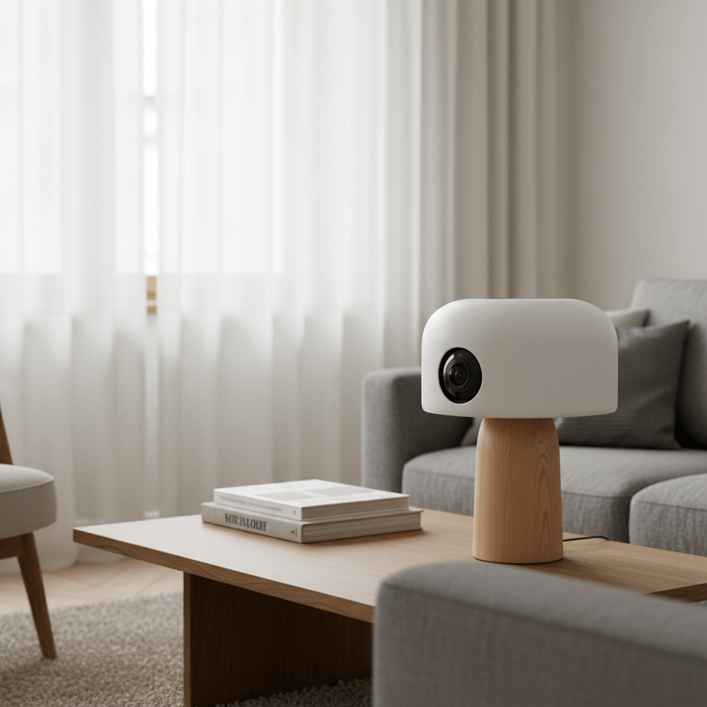 Minimalist lamp with hidden security camera in matte white shade and wood base.