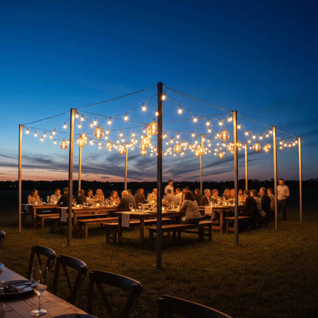 Geometric grid of t-posts with cafe lights over rustic tables at twilight.