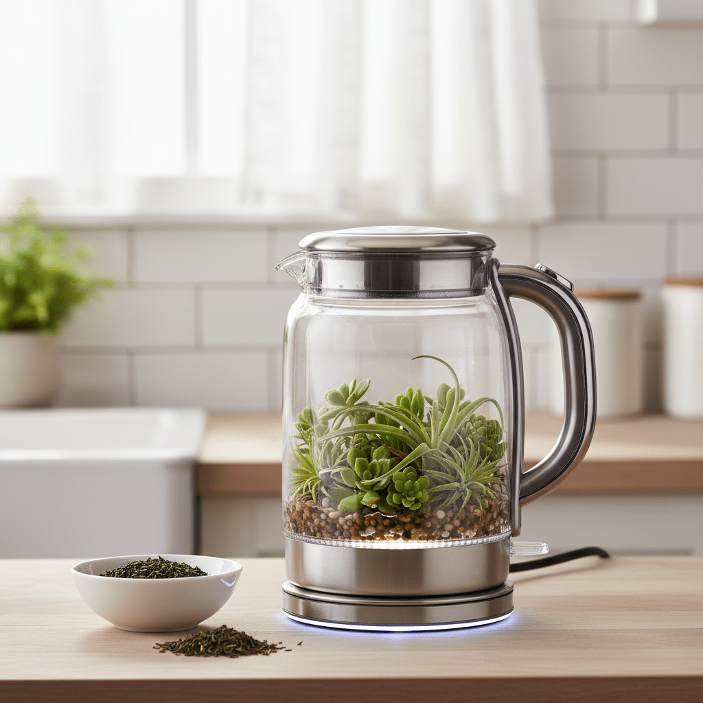 Modern electric glass tea kettle with integrated succulent planter on a kitchen counter.