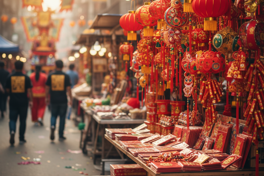 Colorful lanterns and red envelopes on a shop counter under warm light, showcasing parade commerce